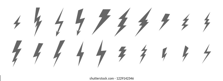 monochrome set of flash, lightning, electric, thunder, icons of different types and sizes of dark gray color