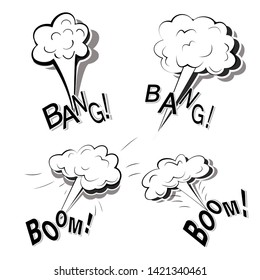 Monochrome set of flat cartoon doodles with four powerful big explosions isolated on a white background with lettering Bang, Boom!