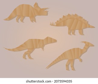 Monochrome set of flat illustrations of four dinosaurs: stegosaurus, triceratops, tyrannosaurus and parasaurolophus