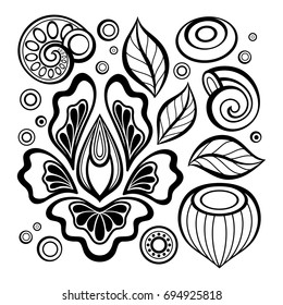 Monochrome Set of Floral Design Elements in Doodle Line Style. Collection of Flowers, Leaves and Swirls. Elegant Natural Motifs. Pressured Printing Template. Vector Contour Illustration. Abstract Art