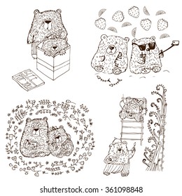 Monochrome set of four bear couples doing different things together. Positive set for coloring. Valentine day image. Children goods.