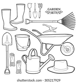 Monochrome set of garden tools. Instruments, hat, wheelbarrow, gloves. Isolated vector