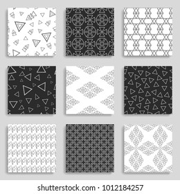 Monochrome set of geometrical dot patterns on black and white backgrounds. Vector seamless texture.