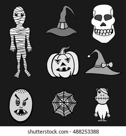 Monochrome Set of Halloween Monsters and Hats. Black and white Vector illustration. Isolated on black