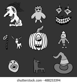 Monochrome Set of Halloween Monsters and Hats. Black and white Vector illustration. Isolated on black