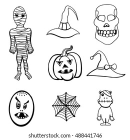 Monochrome Set of Halloween Monsters and Hats. Black and white Vector illustration. Isolated on white