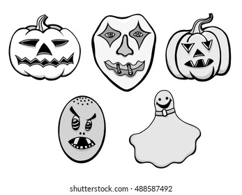Monochrome Set of Halloween Monsters and Hats. Black and white Vector illustration. Isolated on white