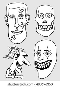 Monochrome Set of Halloween Monsters and Hats. Black and white Vector illustration. Isolated on black