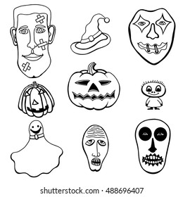 Monochrome Set of Halloween Monsters and Hats. Black and white Vector illustration. Isolated on white