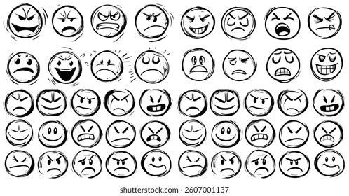 Monochrome Set Of Hand Drawn Emoji With Different Expressions Collection