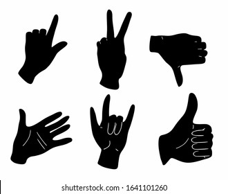 Monochrome set of hand gestures, isolated vector on white background. for printing on t-shirts, logo, emblem. Thumb up, cool, class, great, greeting for web sites