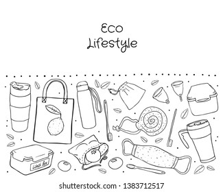 monochrome set of hand-drawn eco-friendly objects isolated in white background 