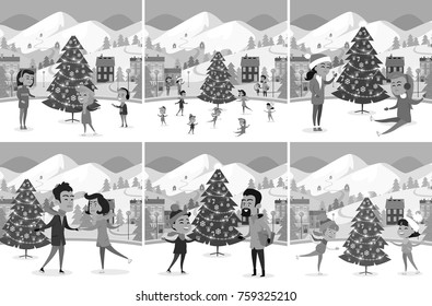 Monochrome set of happy people ice-skating on ice rink. Vector illustration of different families friends master or studying figure skating among Christmas tree mountains and houses in small town.