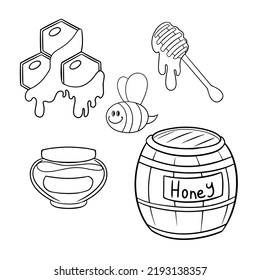 Monochrome set of icons for collecting honey, wooden objects for bees, vector illustration in cartoon style on a white background