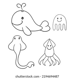 Monochrome set of icons, cute sea characters, big whale, stingray, squid and jellyfish, vector illustration in cartoon style on a white background