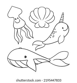 Monochrome set of icons, cute sea characters, big whale, squid and narwhal, vector illustration in cartoon style on a white background