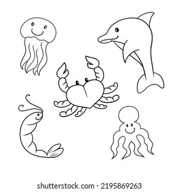 Monochrome set of icons, cute sea characters, dolphin, crab, shrimp and jellyfish, vector illustration in cartoon style on a white background
