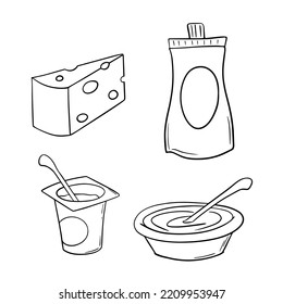 Monochrome set of icons, dairy products, a piece of cheese, sour cream, yogurt, vector illustration in cartoon style on a white background