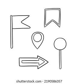 Monochrome set of icons, markers for a map for travelers, presentations, vector illustration in cartoon style on a white background