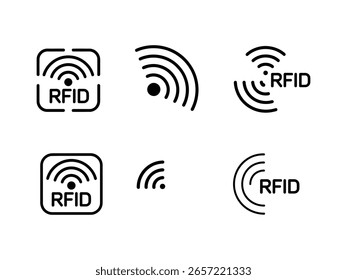 Conjunto monocromático de iconos rfid. Iconos vectoriales dinámicos Explore de RFID para la integración de tecnología moderna y soluciones de transferencia de datos sin problemas conjunto de iconos con ondas de radio y radio.