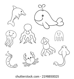 Monochrome set of icons, sea characters, big whale, squid and stingray, jellyfish, crab and shrimp, vector illustration in cartoon style