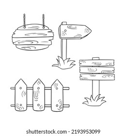 Monochrome set of icons, vintage wooden objects, signboard, fence and pointer, vector illustration in cartoon style on a white background