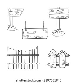 Monochrome set of icons, Vintage wooden objects, along the fence, square sign and pointer, vector illustration in cartoon style