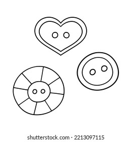 Monochrome set of illustrations, decorative buttons for clothes, vector illustration in cartoon style on a white background