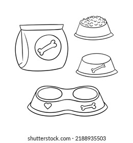 Monochrome Set of illustrations, different dog bowl, food in a bag, vector illustration in cartoon style on a white background