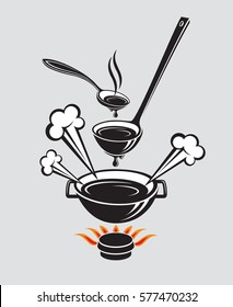 monochrome set of illustrations with spoon, soup ladle and dish 