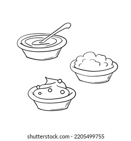 Monochrome Set of illustrations, various ceramic deep plates with porridge, thick sour cream, with a spoon, vector illustration in cartoon style on a white background