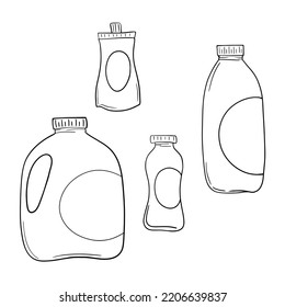Monochrome Set of illustrations, various light plastic containers with milk, milk bottle, vector illustration in cartoon style on a white background