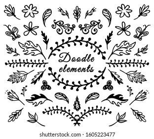 Monochrome set of isolated floral elements with cute flowers, twigs, sprigs and leaves black on white background. Beautiful ink stroked images collection whith frames and dividers.