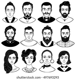 Monochrome set of male and female faces with different hairstyles and accessories isolated vector illustration