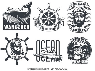 Monochrome set of nautical emblems featuring marine elements like a whale, ship wheel, captain, and oceanic phrases.