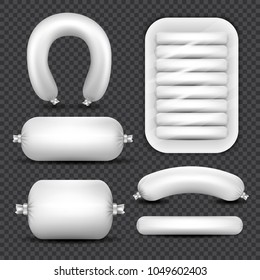 Monochrome set of package sausage products on dark transparent background realistic vector illustration