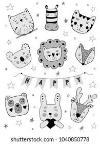 Monochrome Set of paper hand drawn cute animals fox owl seal polar bear deer panda zebra tiger koala fox lion hare rabbit zoo cartoon doodle elements faces characters Scandinavian style garland Happy 