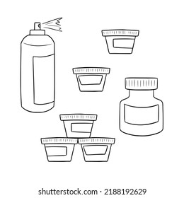Monochrome set of pictures, different jars of paints, vector illustration in cartoon style on a white background
