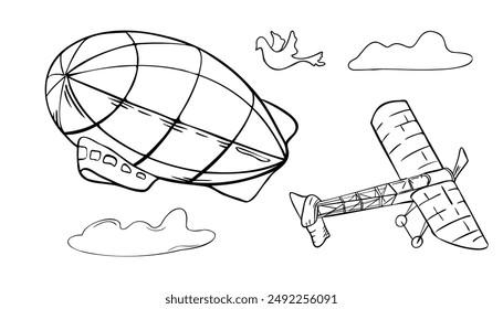 Monochrome set retro airships black and white vector illustration isolated. Airplane and aerostat ink silhouette hand drawn. Air transport and clouds in contour. Simple cartoon transport coloring