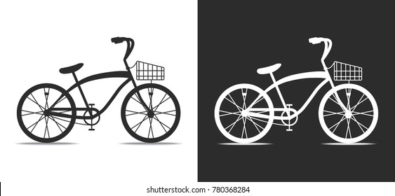 Monochrome set of silhouette of urban retro bicycle with a basket.