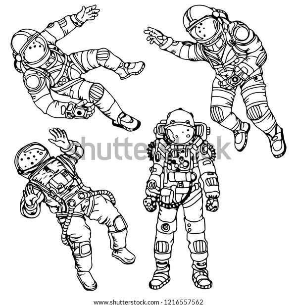 Monochrome Set Space Astronauts Vector Illustration Stock Vector ...