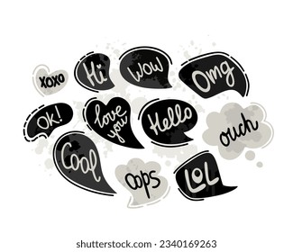 Monochrome set of speech bubbles with dialog words, hi, wow, love you, hello, omg, cool, xoxo, lol, oops, ouch, ok. Vector isolated illustration.