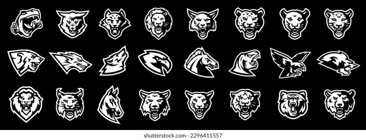 Monochrome set of sport logos animal mascots. Black white collection of mascots for sports clubs and teams. Bear, fox, wolf, tiger, lion, panther, puma, cougar, leopard, lynx, horse, hawk, dinosaur