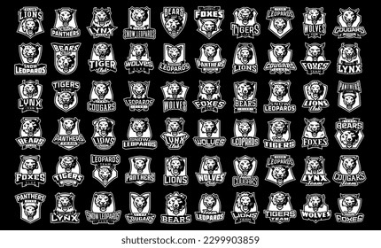 Monochrome set of sport logos animal mascots. Black and white collection of mascots for sports clubs and teams. The heads of animals against the background of the shield, the font of the team