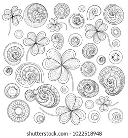 Monochrome Set of St Patrick's Day Doodles. Good Luck Symbols. Decorative Clover Leaf Talisman, Abstract Coins and Swirl. Elegant Natural Motif, Sign. Coloring Book Page. Vector Contour Illustration