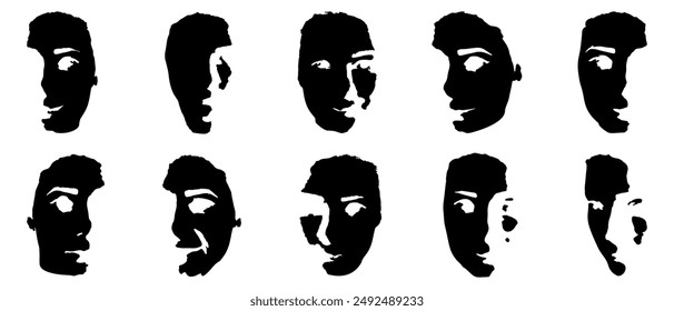 Monochrome set of stickers with faces. Stickers with different emotions and facial positions. Icons for messages, Halloween greetings and creating a special atmosphere, websites, avatars. Vector