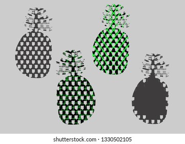Monochrome set of stylized silhouettes of pineapple fruits wiht texture. Tropical Collection Doodle. Perfect for design, print of banners, posters, pages, print on clothes, cards, t-shirts for baby.