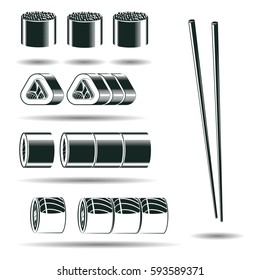 Monochrome set of sushi signs, element for vintage logo or emblem design isolated on white background, vector