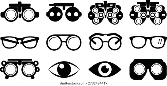 A monochrome set of symbols showcasing different instruments and visual aids used in ophthalmology and vision care practices.