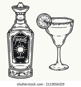 Monochrome set of tequila bottle with sombrero cork and label, margarita glass with salt on rim, vector illustration